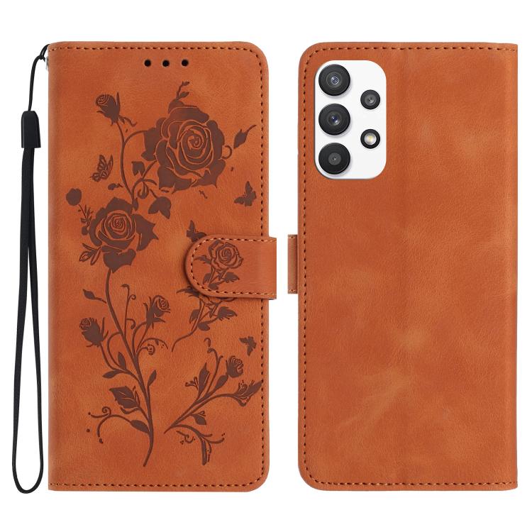 Funda de cuero con estampado de rosas en relieve para Samsung Galaxy A53 (marrón)
