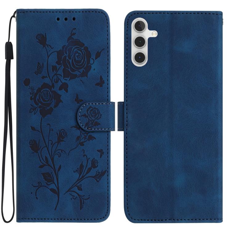 Funda de cuero con estampado floral en relieve para Samsung Galaxy A56 (azul oscuro)