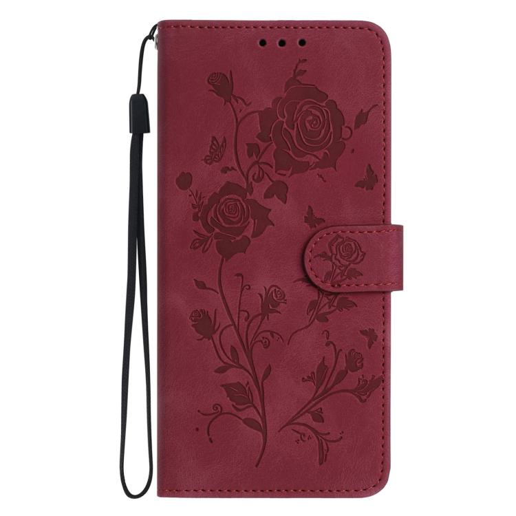 Funda de cuero con estampado de rosas en relieve para Samsung Galaxy A56 (roja)