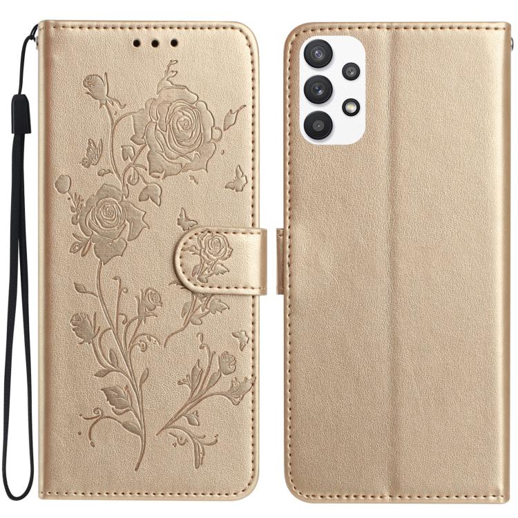 Funda de piel con estampado de rosas en relieve para Samsung Galaxy A72 (dorada)