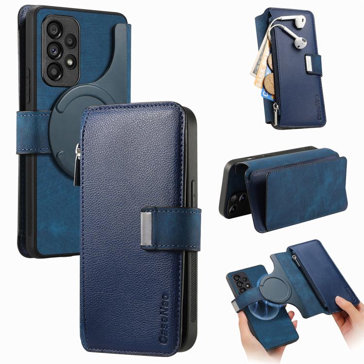 Funda Neo MagSafe RFID antirrobo con cremallera para Samsung Galaxy A53, de cuero estilo retro (azul)