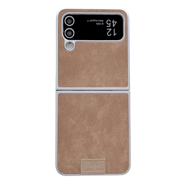 Funda de piel de cordero y corcho para Samsung Galaxy Z Flip3 5G, color marrón (borde plateado)