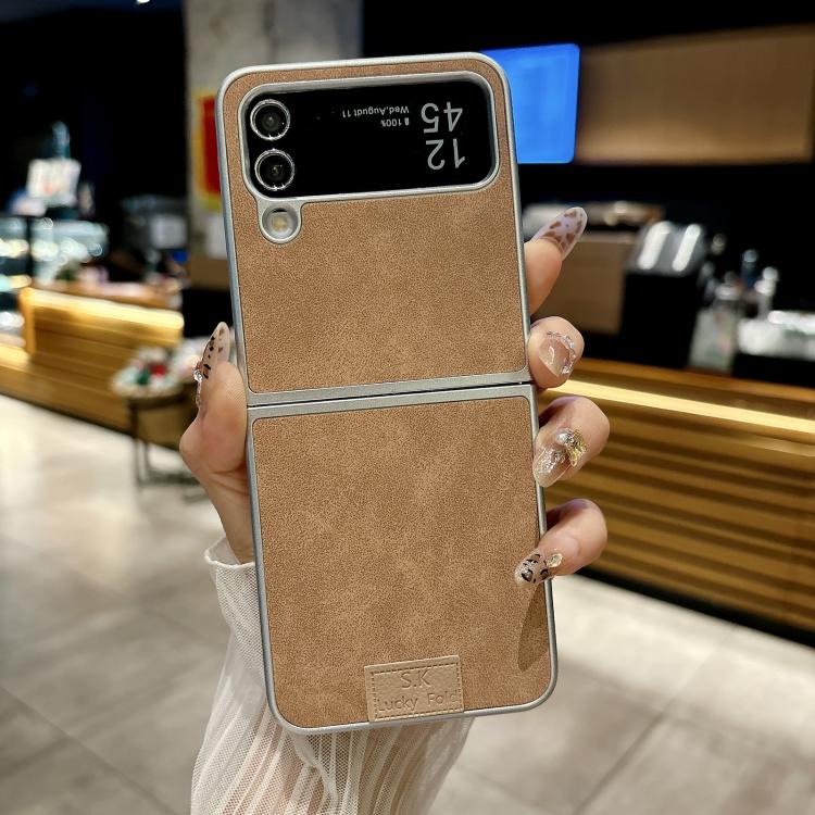 Funda de piel de cordero y corcho para Samsung Galaxy Z Flip3 5G, color marrón (borde plateado)