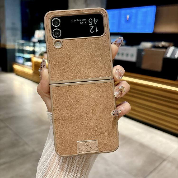 Funda de piel de cordero y corcho para Samsung Galaxy Z Flip3 5G, color marrón (borde marrón)