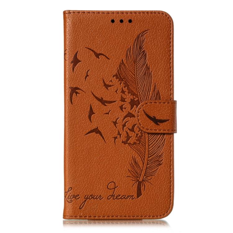 Funda de cuero con textura de lichi y estampado de plumas para Xiaomi 14T (marrón)