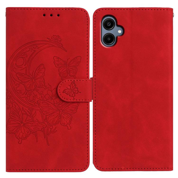 Funda de cuero con relieve y diseño de mariposas para Samsung Galaxy A07 5G (rojo)
