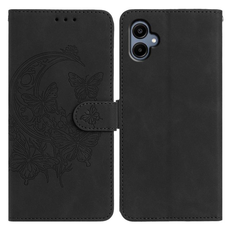 Funda de cuero con relieve y diseño de mariposas para Samsung Galaxy A07 5G (negra)