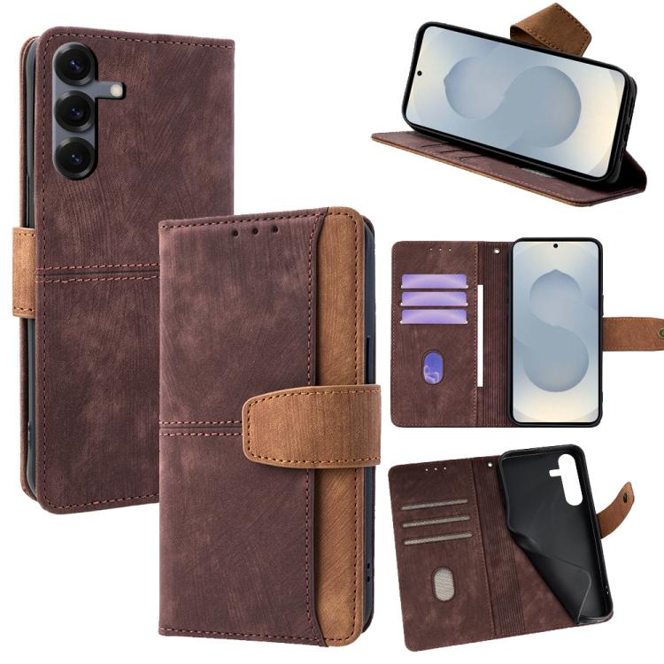 Funda de cuero con costuras de color y bloqueo RFID para Samsung Galaxy S25+ 5G (marrón)