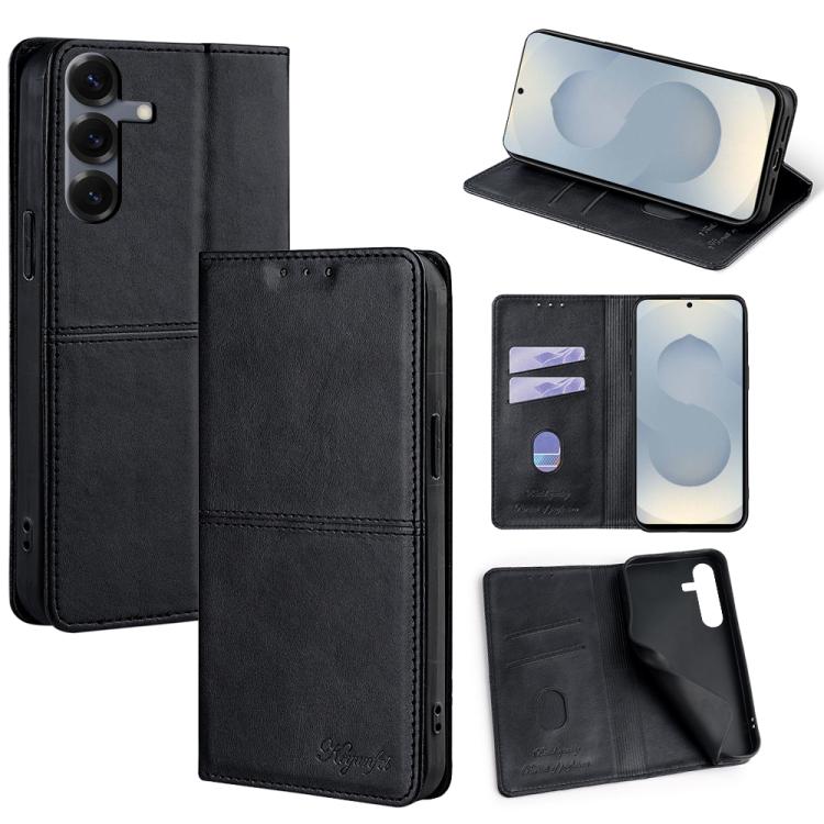 Funda de cuero magnético con textura de vaca para Samsung Galaxy S25 5G (negro)