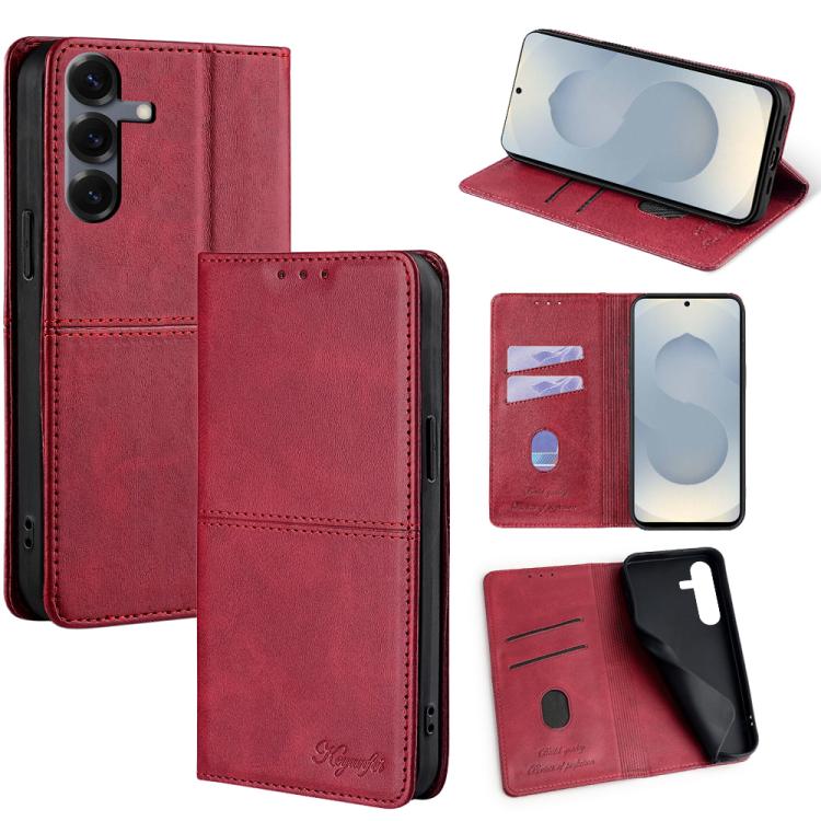 Funda magnética de cuero con textura de vaca para Samsung Galaxy S25 5G (roja)