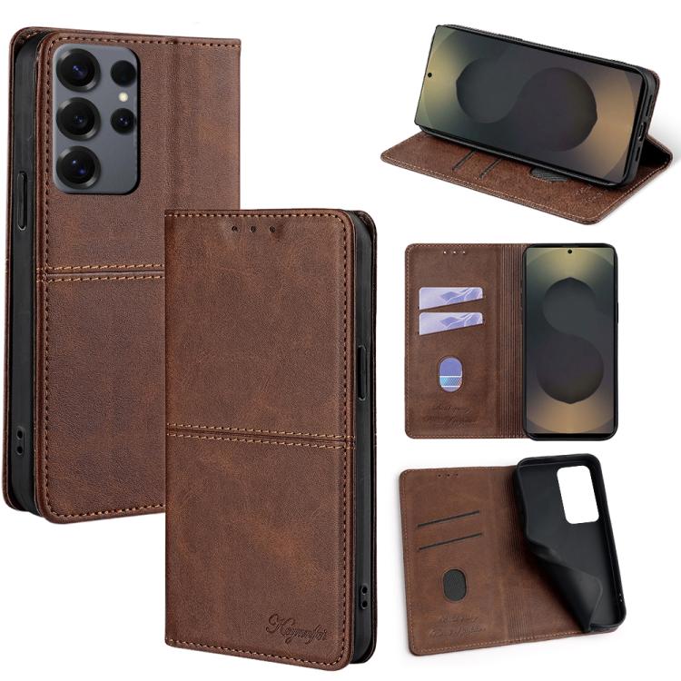Funda magnética de cuero con textura de vaca para Samsung Galaxy S25 Ultra 5G (marrón oscuro)