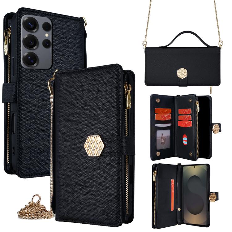 Funda de cuero con textura cruzada y asa cruzada para Samsung Galaxy S25 Ultra 5G (negro)