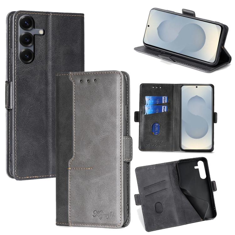 Funda de cuero con hebilla lateral en color de contraste para Samsung Galaxy S25 5G (negro y gris)