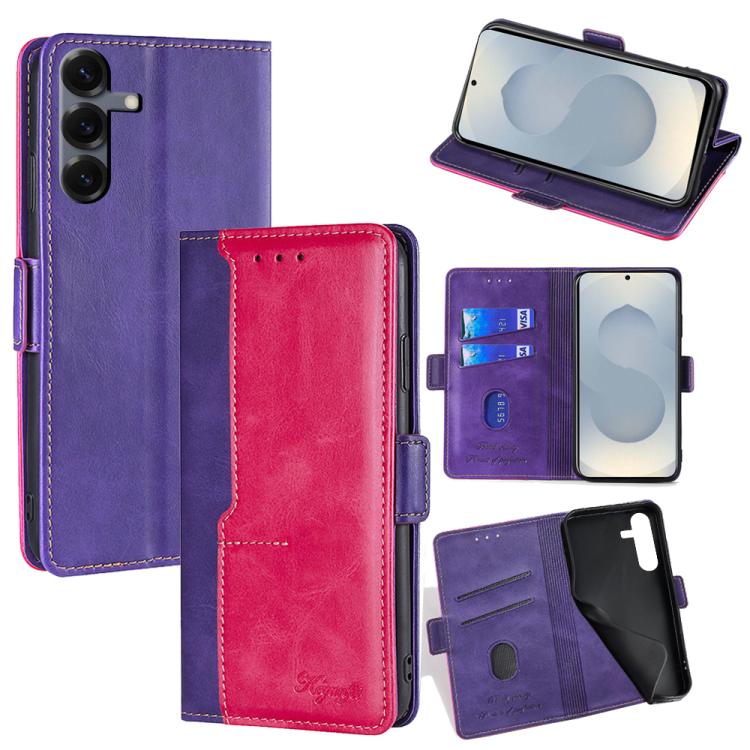 Funda de cuero con hebilla lateral en contraste para Samsung Galaxy S25 5G (morado y rojo rosa)