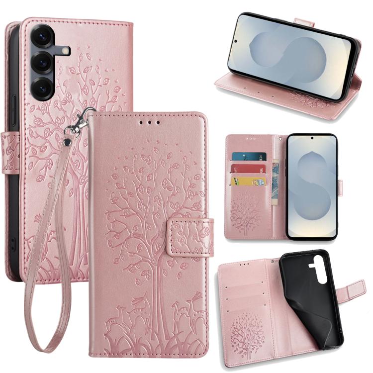 Funda de piel con relieve de árbol y ciervo para Samsung Galaxy S25 5G (oro rosa)