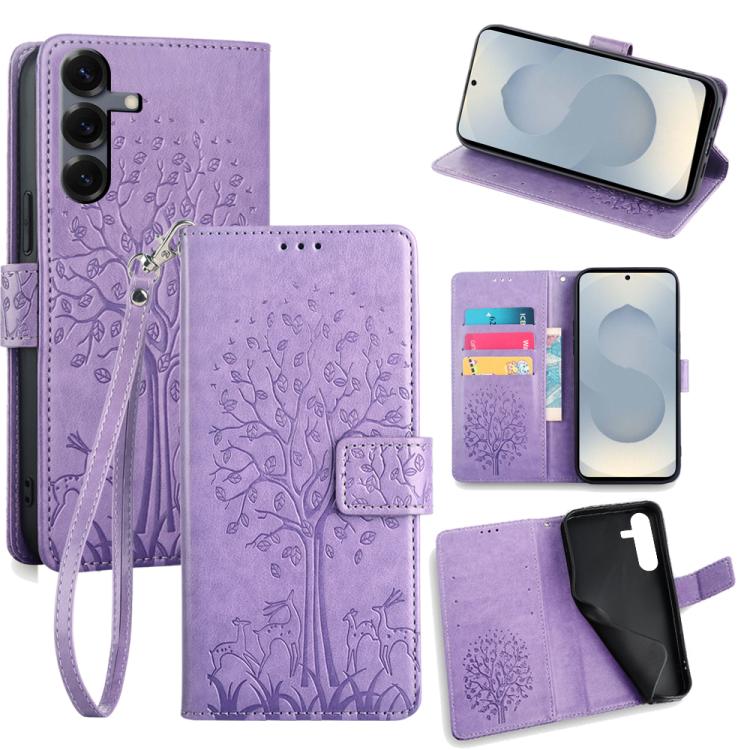 Funda de piel con relieve de árbol y ciervo para Samsung Galaxy S25 5G (morada)
