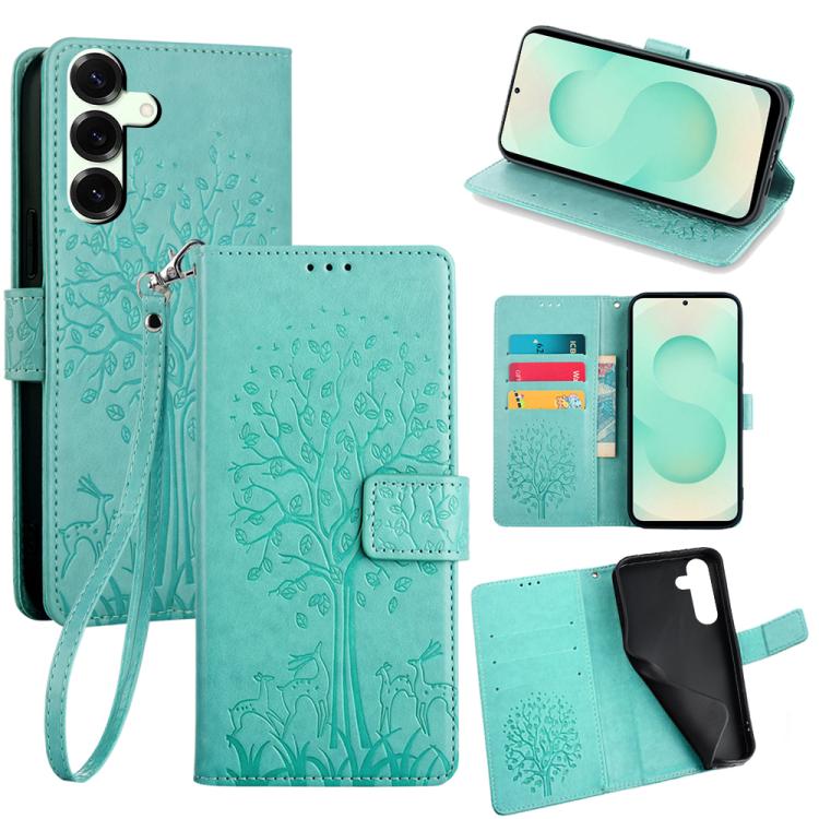 Funda de piel con relieve de árbol y ciervo para Samsung Galaxy S25+ 5G (verde)