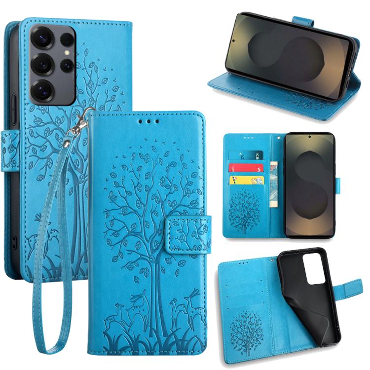 Funda de piel con relieve de árbol y ciervo para Samsung Galaxy S25 Ultra 5G (azul)