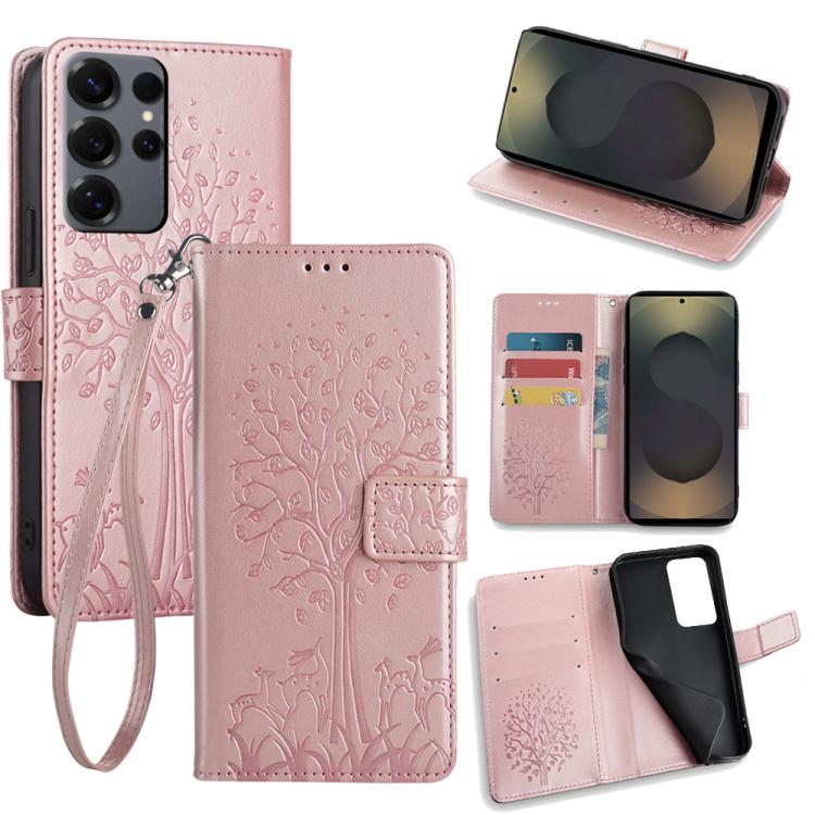 Funda de piel con relieve de árbol y ciervo para Samsung Galaxy S25 Ultra 5G (oro rosa)