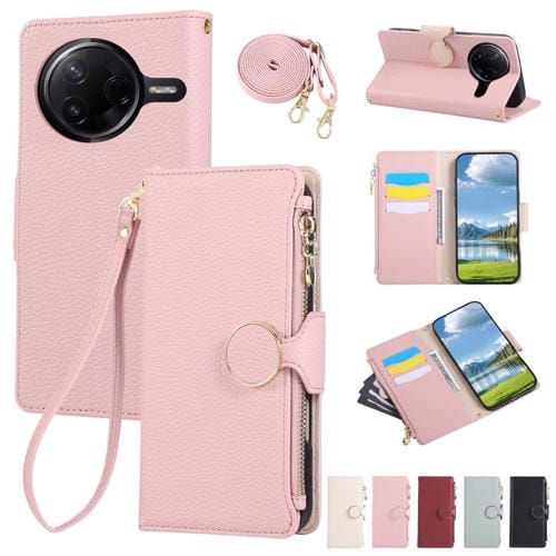 Funda de cuero con hebilla redonda y cremallera para Redmi K80 Pro / Poco F7 Ultra, con correa cruzada (rosa)