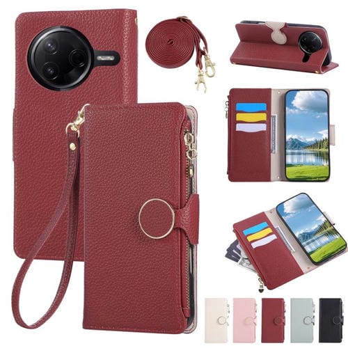 Funda de cuero con hebilla redonda y cremallera para Redmi K80 Pro/Poco F7 Ultra, con correa cruzada (roja)