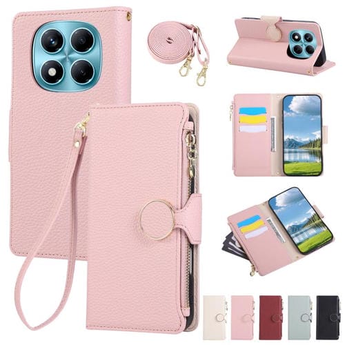 Funda de cuero con hebilla redonda y cremallera para Redmi Note 14 Pro 4G, con correa cruzada (rosa)