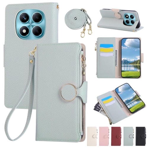 Funda de cuero con hebilla redonda y cremallera para Redmi Note 14 Pro 4G, con correa cruzada (azul cielo)