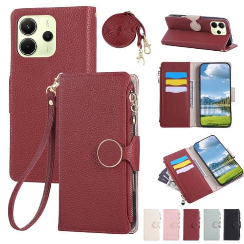 Funda de cuero tipo billetera con hebilla redonda y cremallera de 164,8 mm para Redmi Note 14 4G con correa cruzada (roja)