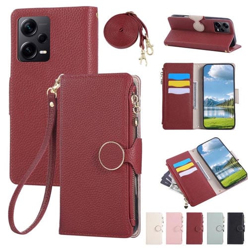Funda de cuero con hebilla redonda y cremallera para Redmi Note 12 Pro 5G, con correa cruzada (roja)