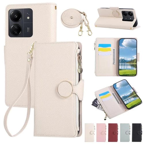 Funda de cuero tipo billetera con hebilla redonda y cremallera para Redmi 13C con correa cruzada (blanca)