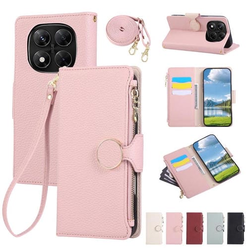 Funda de cuero con hebilla redonda y cremallera para Redmi Note 14 Pro 5G, con correa cruzada (rosa)