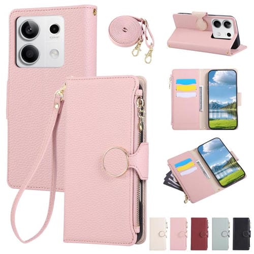 Funda de cuero tipo billetera con hebilla redonda y cremallera para Redmi Note 13 4G con correa cruzada (rosa)