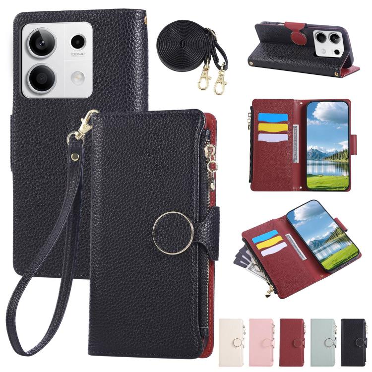 Funda de cuero con hebilla redonda y cremallera para Redmi Note 13 4G, con correa cruzada (negra)