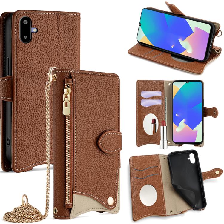 Funda de cuero con cadena cruzada y diseño de cola de pez para Samsung Galaxy F06 5G (marrón)