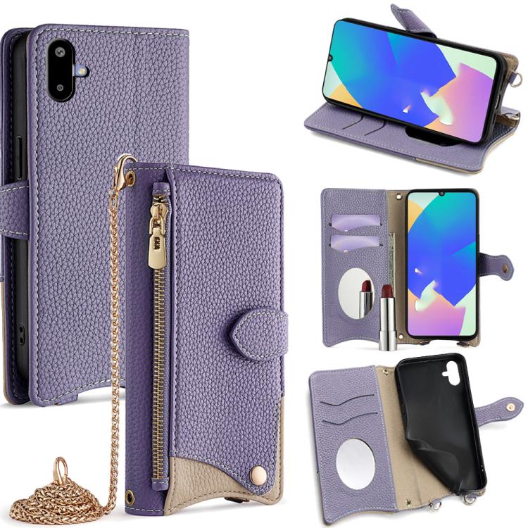 Funda de cuero con cadena cruzada y diseño de cola de pez para Samsung Galaxy F06 5G (morado)