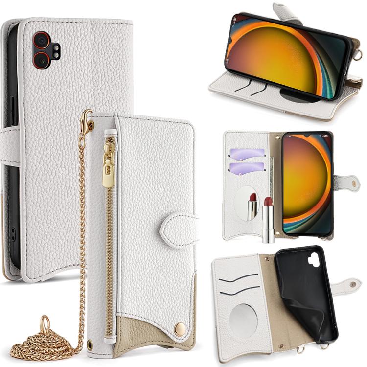 Funda de cuero con cadena cruzada y cola de pez para Samsung Galaxy XCover7 Pro (blanco)