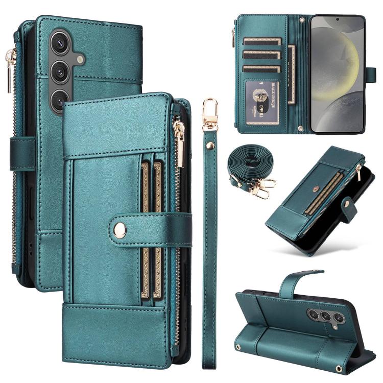 Funda de cuero tipo cartera con cremallera y bloqueo RFID para Samsung Galaxy S24/S25 5G (verde)