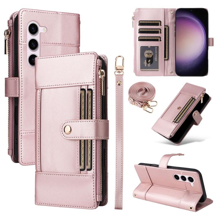 Funda de cuero tipo cartera con cremallera y bloqueo RFID para Samsung Galaxy S23 5G (oro rosa)