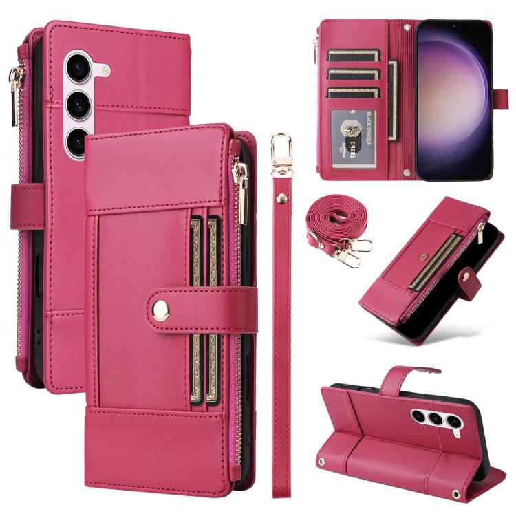 Funda de cuero tipo cartera con cremallera y bloqueo RFID para Samsung Galaxy S23 5G (roja)