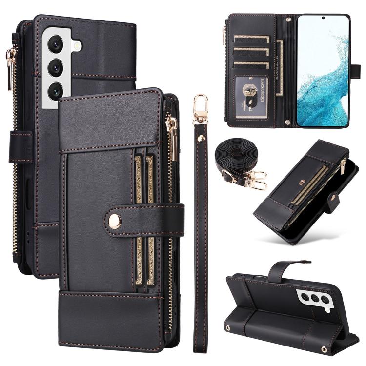 Funda de cuero con cremallera y bloqueo RFID para Samsung Galaxy S22 5G (negro)