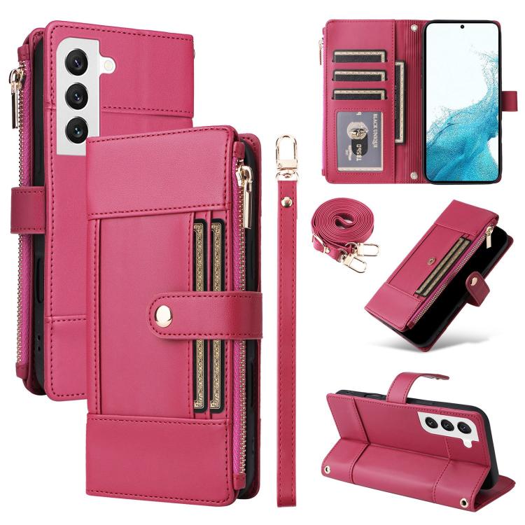 Funda de cuero tipo cartera con cremallera y bloqueo RFID para Samsung Galaxy S22 5G (roja)