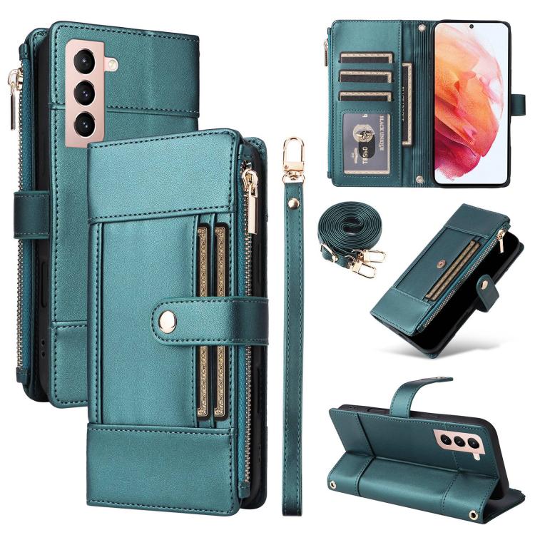 Funda de cuero tipo cartera con cremallera y bloqueo RFID para Samsung Galaxy S21 5G (verde)