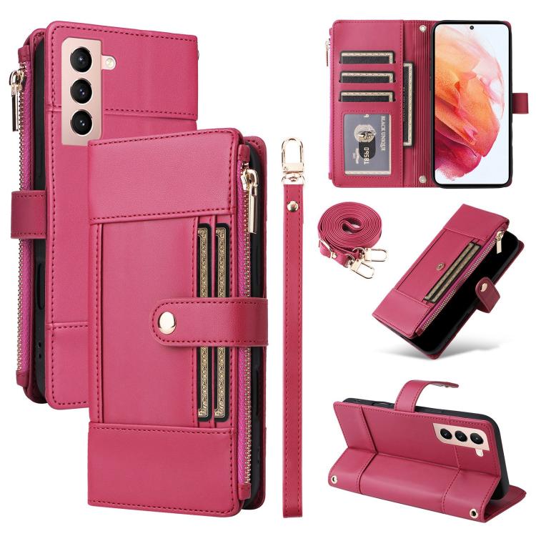Funda de cuero tipo cartera con cremallera y bloqueo RFID para Samsung Galaxy S21 5G (roja)