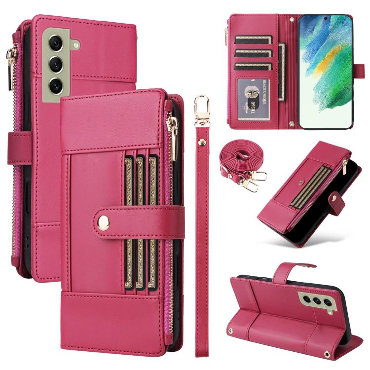 Funda de cuero con cremallera y bloqueo RFID para Samsung Galaxy S21 FE 5G (rojo)