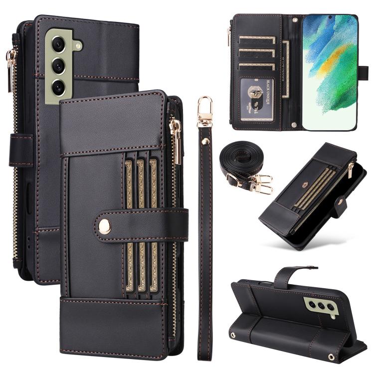 Funda de cuero tipo cartera con cremallera y bloqueo RFID para Samsung Galaxy S21+ 5G (negro)