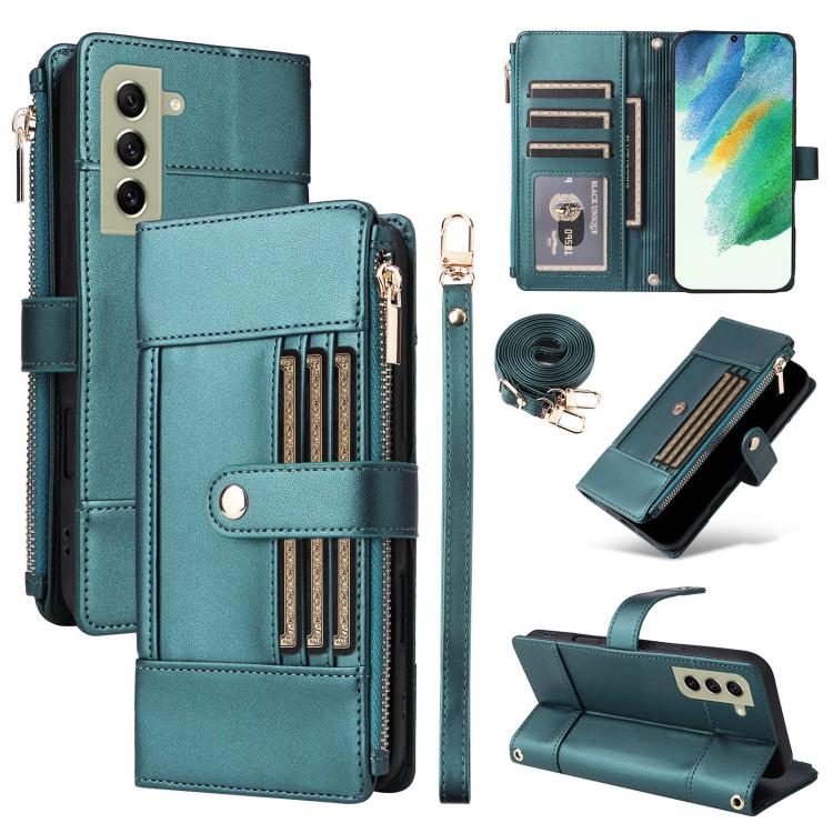 Funda de cuero tipo cartera con cremallera y bloqueo RFID para Samsung Galaxy S21+ 5G (verde)