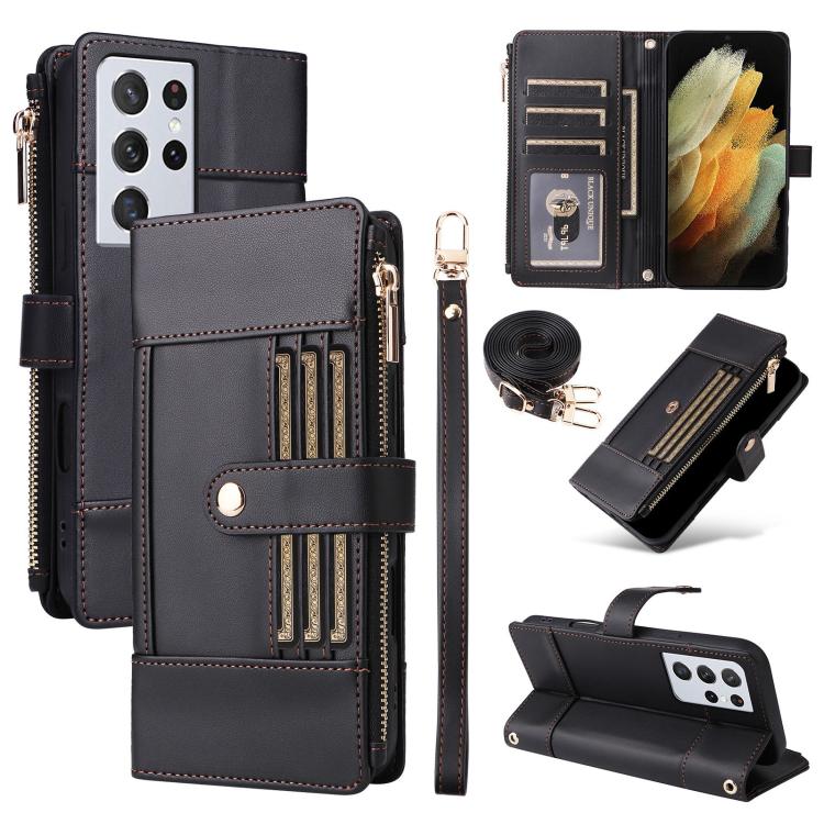 Funda de cuero tipo cartera con cremallera y bloqueo RFID para Samsung Galaxy S21 Ultra 5G (negro)