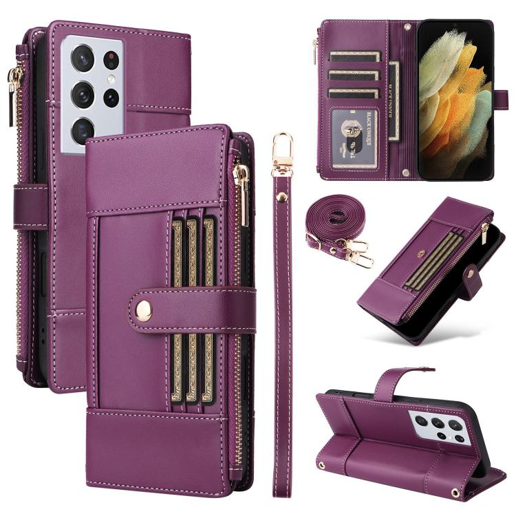 Funda de cuero tipo cartera con cremallera y bloqueo RFID para Samsung Galaxy S21 Ultra 5G (morado)
