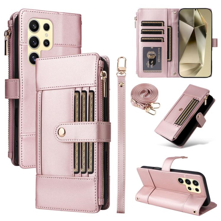 Funda de cuero con cremallera y bloqueo RFID para Samsung Galaxy S22 Ultra 5G (oro rosa)