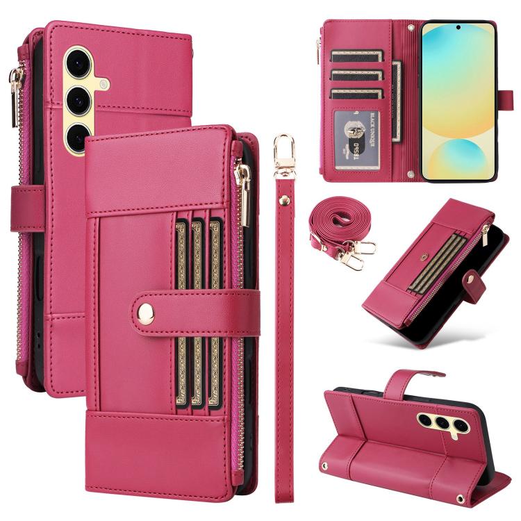 Funda de cuero tipo cartera con cremallera y bloqueo RFID para Samsung Galaxy S23 FE 5G (roja)